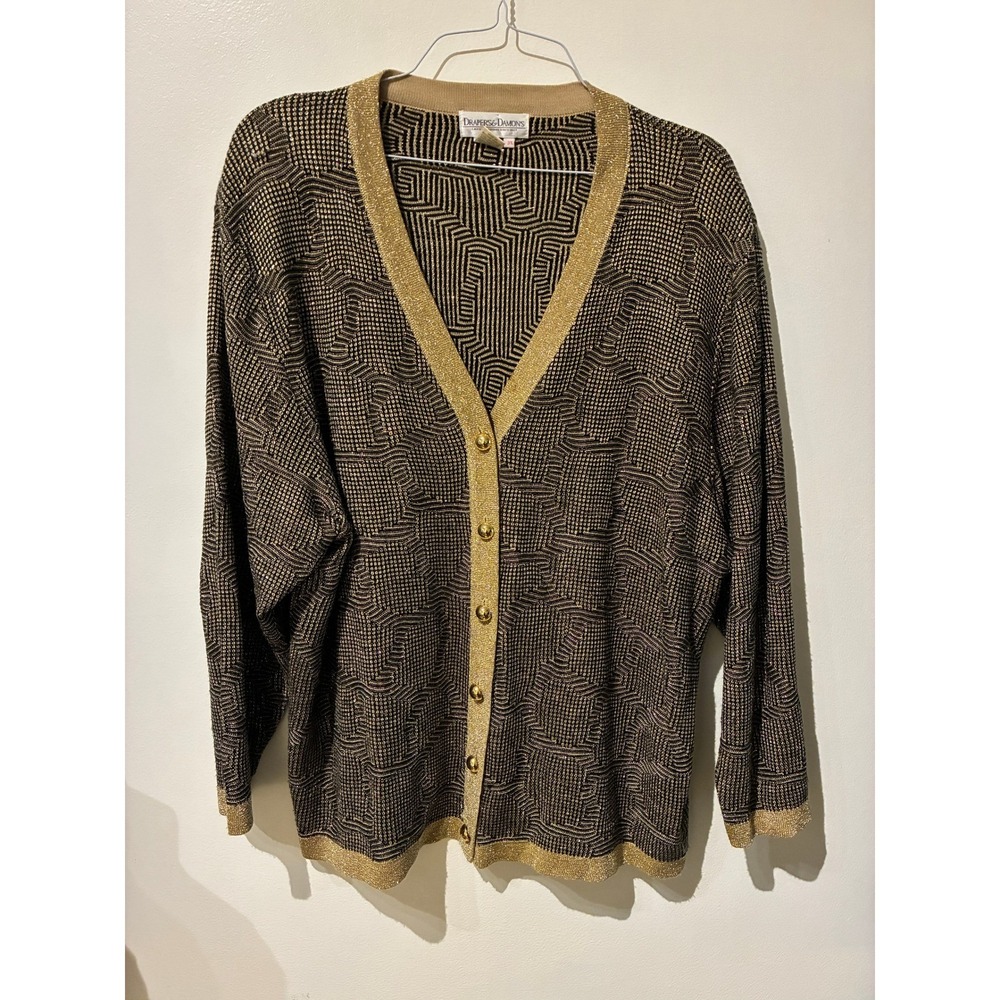 Drapers & Damons Womens 3X Cardigan Sweater Black Gold Metallic Lurex‎ Geometric